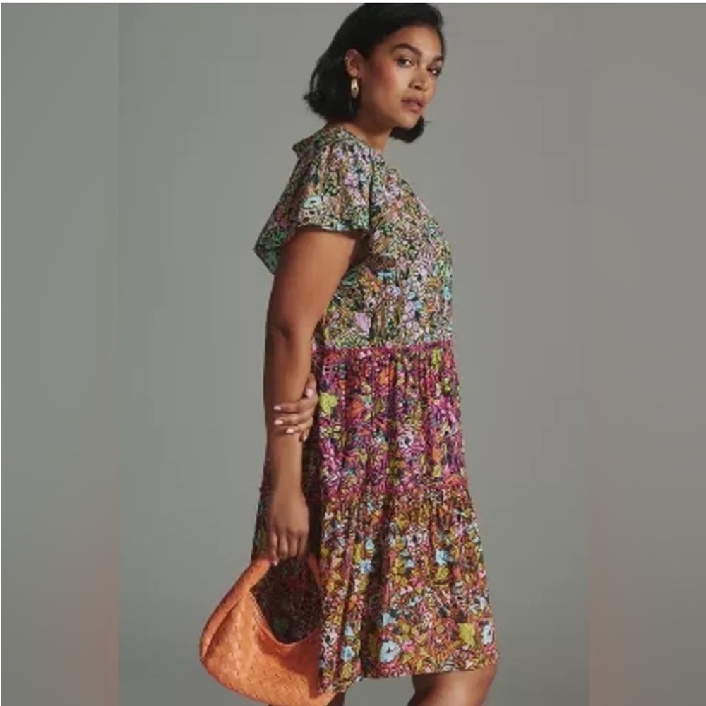 Anthropologie ruffle sleeve dress in pink combo size XXS